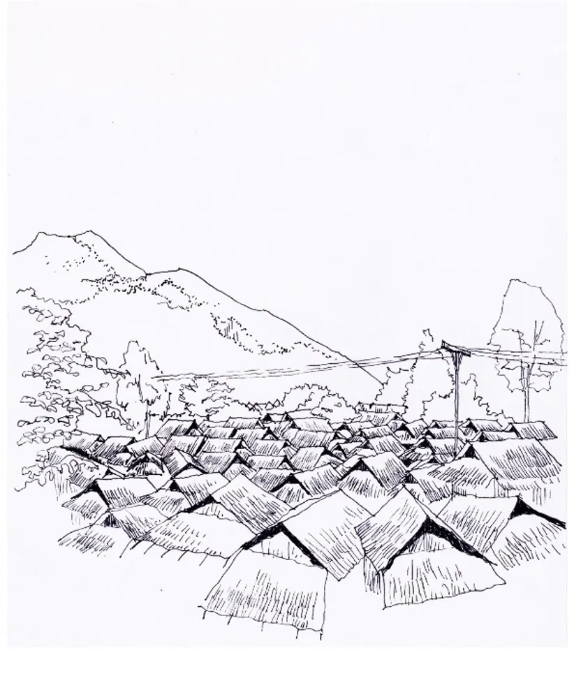 Ink drawing of stilted bamboo and thatch houses stacked up a hillside in Mae La camp.