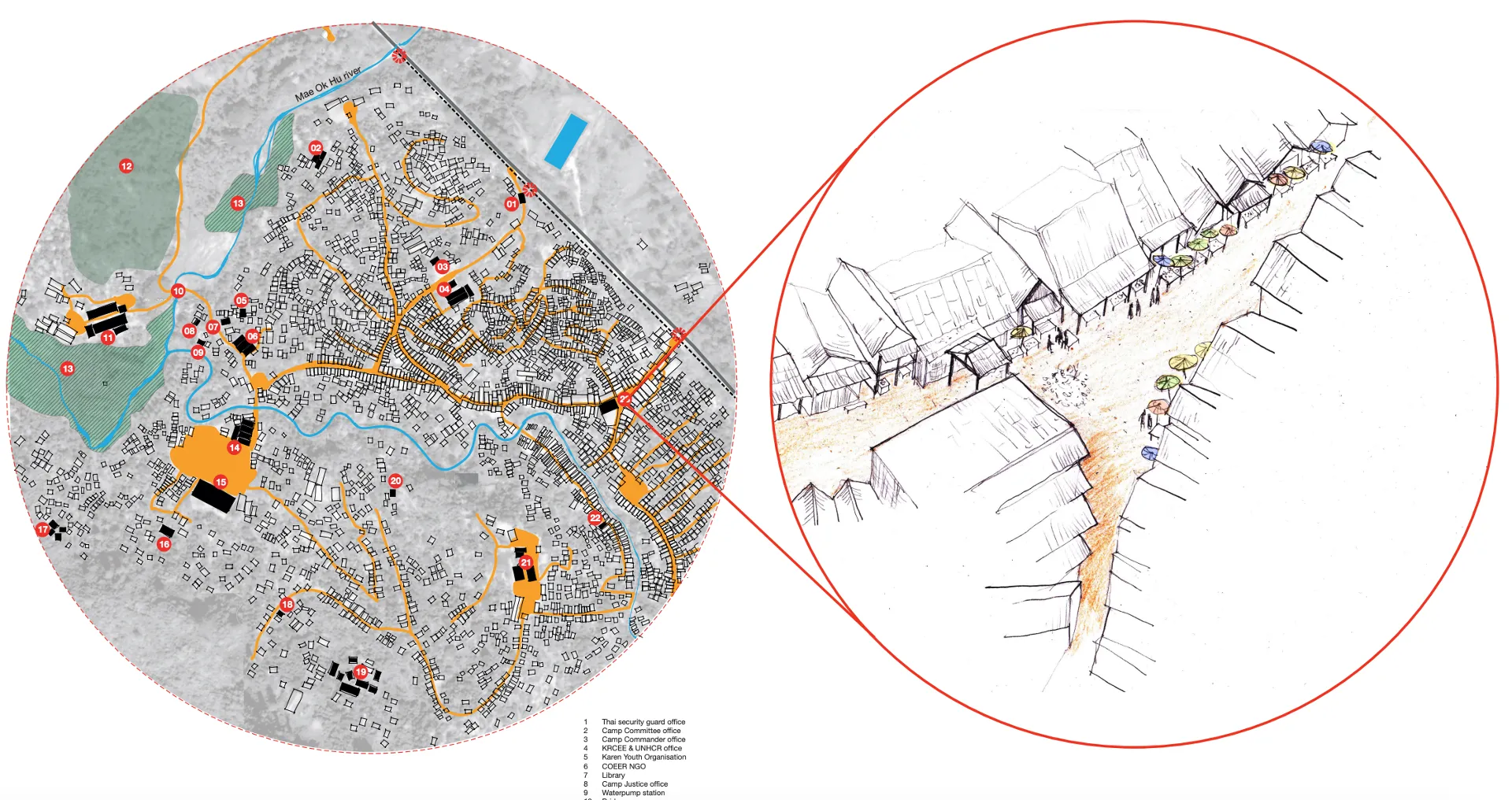 Detailed plan of Mae La camp showing its zones, footpaths and the density of dwellings along the hillside.